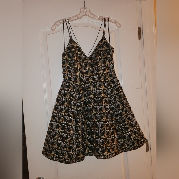 alice and olivia black and gold dress Alice + Olivia Black Gold Silver Dress with Multiple Thin Straps